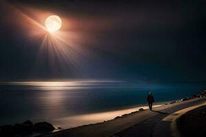 un' uomo passeggiate lungo il strada a notte con il Luna splendente brillantemente. ai-generato foto