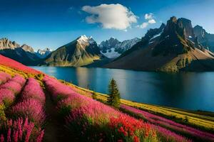 il fiori siamo fioritura nel davanti di un' lago e montagne. ai-generato foto