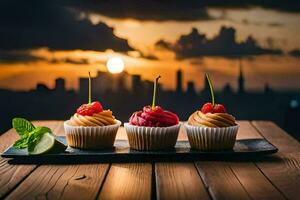 tre cupcakes su un' di legno tavolo con tramonto nel il sfondo. ai-generato foto