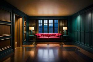 un' camera con un' rosso divano e di legno piani. ai-generato foto