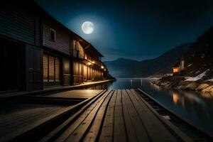 un' di legno bacino a notte con un' pieno Luna. ai-generato foto