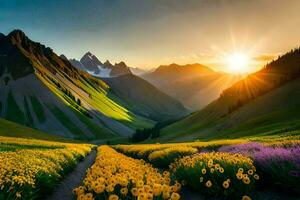 il sole sorge al di sopra di un' campo di giallo fiori nel il montagne. ai-generato foto