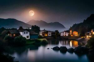 un' pieno Luna brilla al di sopra di un' villaggio nel il montagne. ai-generato foto