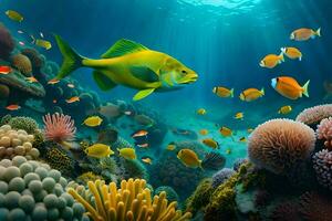 un' pesce nuoto nel il oceano con corallo scogliere. ai-generato foto