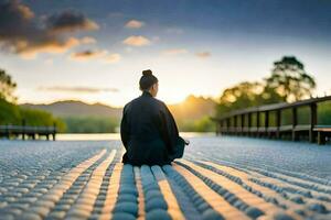un' donna si siede su un' pietra ponte a tramonto. ai-generato foto