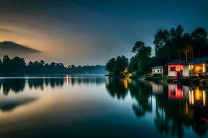 un' lago a notte con case su il costa. ai-generato foto