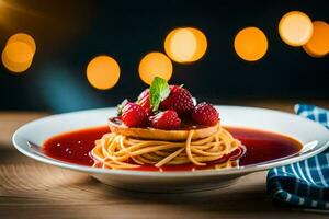 spaghetti con fragola salsa su un' piatto. ai-generato foto