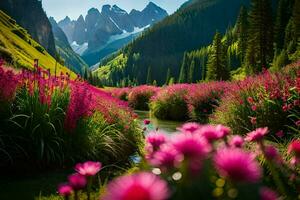 rosa fiori e un' ruscello nel il montagne. ai-generato foto