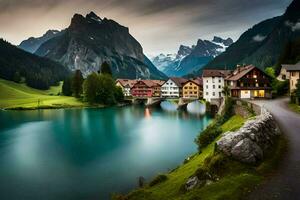 un' bellissimo montagna villaggio con un' fiume e montagne. ai-generato foto