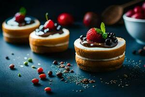 piccolo torte con cioccolato e frutti di bosco su un' nero sfondo. ai-generato foto