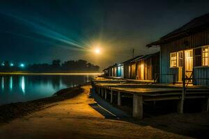 foto sfondo il Luna, acqua, il notte, il lago, il molo, il Barche,. ai-generato