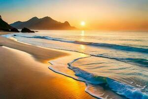 il sole sorge al di sopra di il oceano e il onde su il spiaggia. ai-generato foto