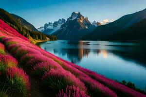 il fiori siamo fioritura nel il montagne, e il lago è riflettendo il sole. ai-generato foto