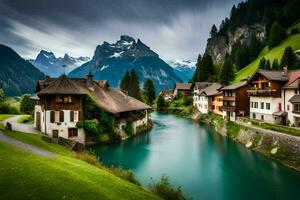 un' fiume corre attraverso un' villaggio nel il montagne. ai-generato foto