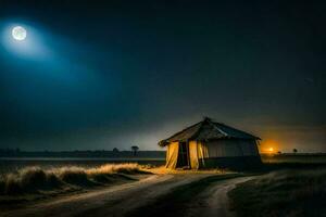 un' piccolo capanna nel il mezzo di un' campo a notte. ai-generato foto