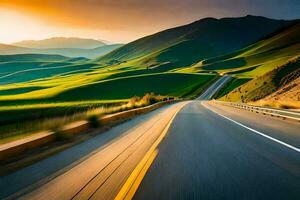 un' strada nel il montagne con un' tramonto. ai-generato foto