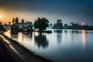 un' fiume a Alba con un' Casa su il costa. ai-generato foto