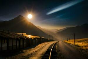 un' treno traccia nel il mezzo di un' montagna. ai-generato foto