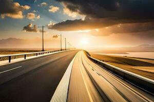 un' autostrada con un' sole ambientazione al di sopra di esso. ai-generato foto