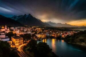 foto sfondo il cielo, montagne, città, lago, tramonto, il città, il città,. ai-generato