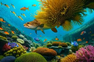 un' pesce nuotate al di sopra di un' corallo scogliera con colorato pesce. ai-generato foto