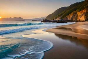 un' spiaggia a tramonto con onde e rocce. ai-generato foto