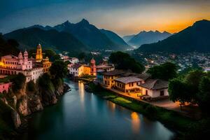 foto sfondo il cielo, montagne, fiume, cittadina, tramonto, fiume, cittadina, fiume,. ai-generato