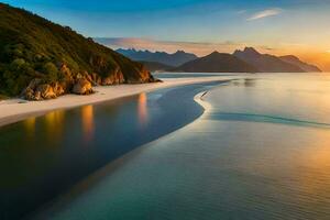 un' bellissimo spiaggia a tramonto con montagne nel il sfondo. ai-generato foto