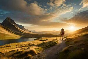 il sole è ambientazione al di sopra di il montagne. ai-generato foto