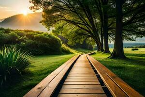 di legno sentiero nel il foresta a tramonto. ai-generato foto