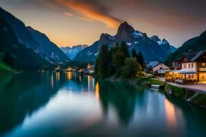 un' lago e montagna villaggio a tramonto. ai-generato foto