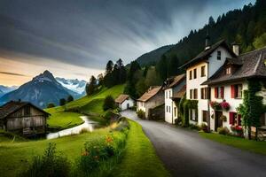 foto sfondo il cielo, montagne, strada, Casa, villaggio, tramonto, montagne, strada,. ai-generato