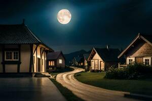 un' pieno Luna brilla al di sopra di un' piccolo villaggio a notte. ai-generato foto