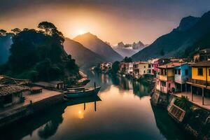 un' fiume nel il montagne con case e Barche. ai-generato foto