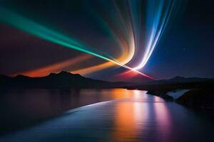 il aurora Borealis è visto nel il cielo sopra un' lago. ai-generato foto