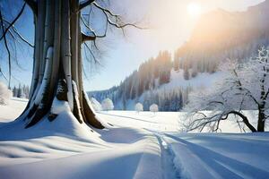 un' nevoso paesaggio con un' albero e un' strada. ai-generato foto