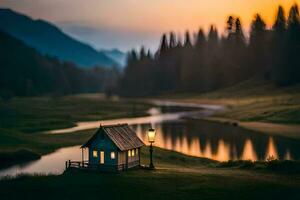 un' piccolo Casa si siede su il bordo di un' fiume a tramonto. ai-generato foto