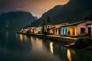 colorato case linea il riva di un' lago a crepuscolo. ai-generato foto