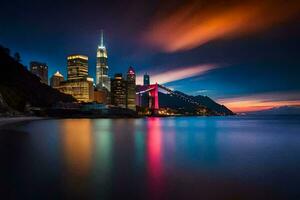 il città orizzonte a notte con un' colorato cielo. ai-generato foto