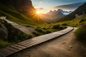 il sole sorge al di sopra di un' sentiero nel il montagne. ai-generato foto