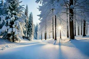 inverno paesaggio con neve coperto alberi e sole splendente. ai-generato foto