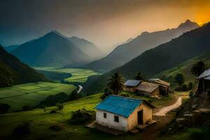 un' villaggio nel il montagne a tramonto. ai-generato foto