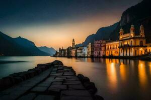 un' bellissimo tramonto al di sopra di un' lago e edifici. ai-generato foto