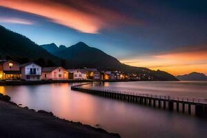 un' bellissimo tramonto al di sopra di un' lago e case. ai-generato foto