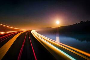 un' lungo esposizione fotografia di un' autostrada a notte. ai-generato foto