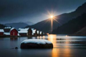 un' roccia nel il acqua con neve su esso. ai-generato foto