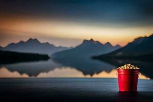 un' rosso secchio di Popcorn si siede su il terra vicino un' lago. ai-generato foto