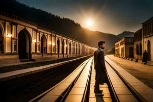 un' uomo in piedi su il brani di un' treno. ai-generato foto