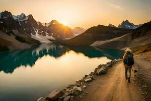 un' uomo passeggiate lungo un' sentiero vicino un' lago a tramonto. ai-generato foto