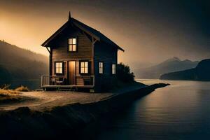 un' piccolo cabina si siede su il riva di un' lago a notte. ai-generato foto